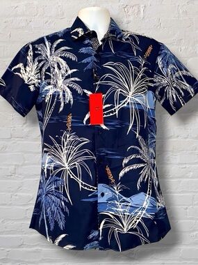 BC Collection Men’s Palm Tree Button-Up Shirt | Navy Tropical Print |Size S |NWT